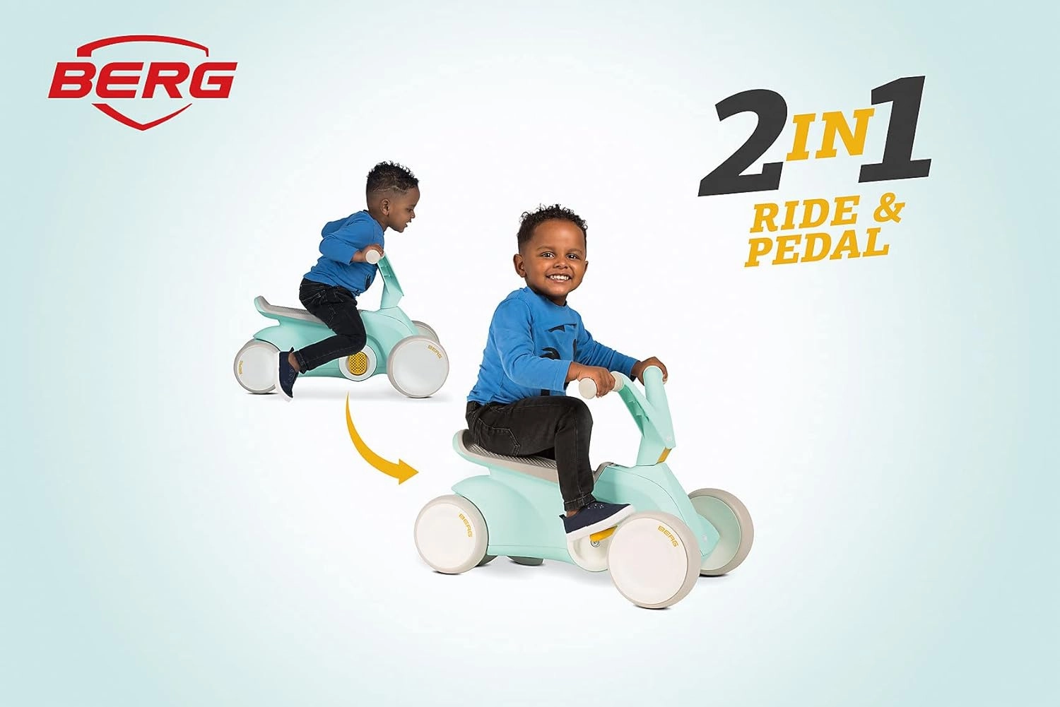 Berg GO² 2in1 Push Car Mint | Ride on with Integrated Folding Pedal System, from Baby Walker to Toddler Ride On Toys, Balance Bike and Pedal Gokart, First Birthday Gift, for Ages 10-30 Months