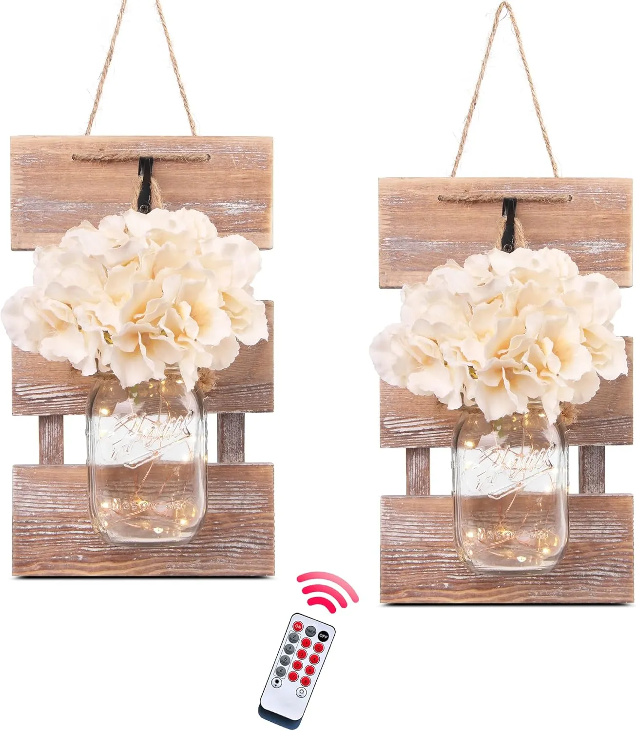 Besuerte Mason Jar Wall Sconces, Rustic Brown Wall Hanging Decor, LED Fairy Lights with Automatic On and Off 6-Hour Timer (Set of 2),Brown