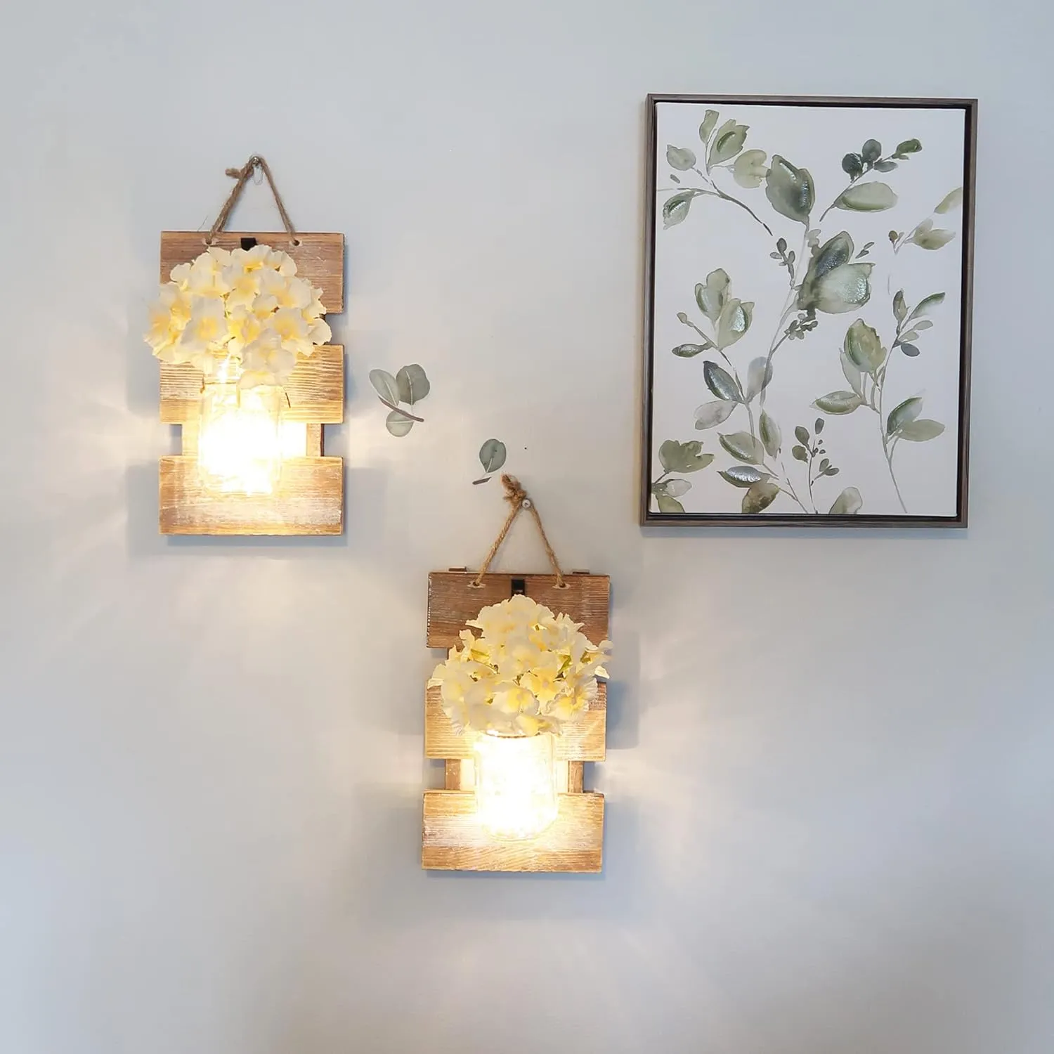 Besuerte Mason Jar Wall Sconces, Rustic Brown Wall Hanging Decor, LED Fairy Lights with Automatic On and Off 6-Hour Timer (Set of 2),Brown
