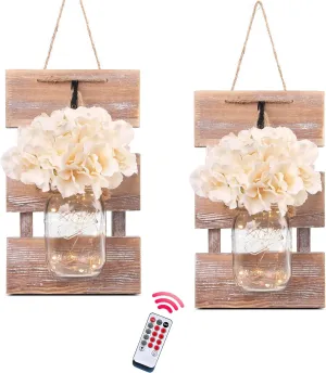 Besuerte Mason Jar Wall Sconces, Rustic Brown Wall Hanging Decor, LED Fairy Lights with Automatic On and Off 6-Hour Timer (Set of 2),Brown