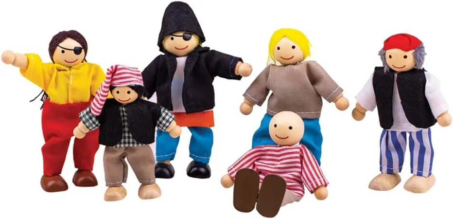 Bigjigs Toys Heritage Playset Wooden Pirate Figures - 6 Pirate Wooden Dolls, Quality Pirate Ship Accessories, Unique Pirate Ship Toys for Kids, Dolls House People