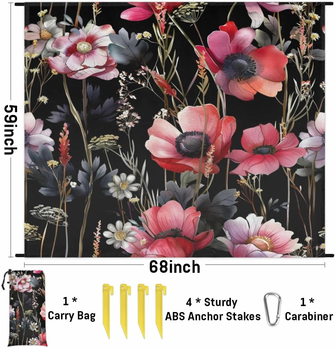 Black Floral Beach Blanket, Sandproof Beach Mat, Adults Waterproof Quick Drying Sand Free Mat with 4 x Ground Spikes for Outdoor Travel Camping Hiking, Flower