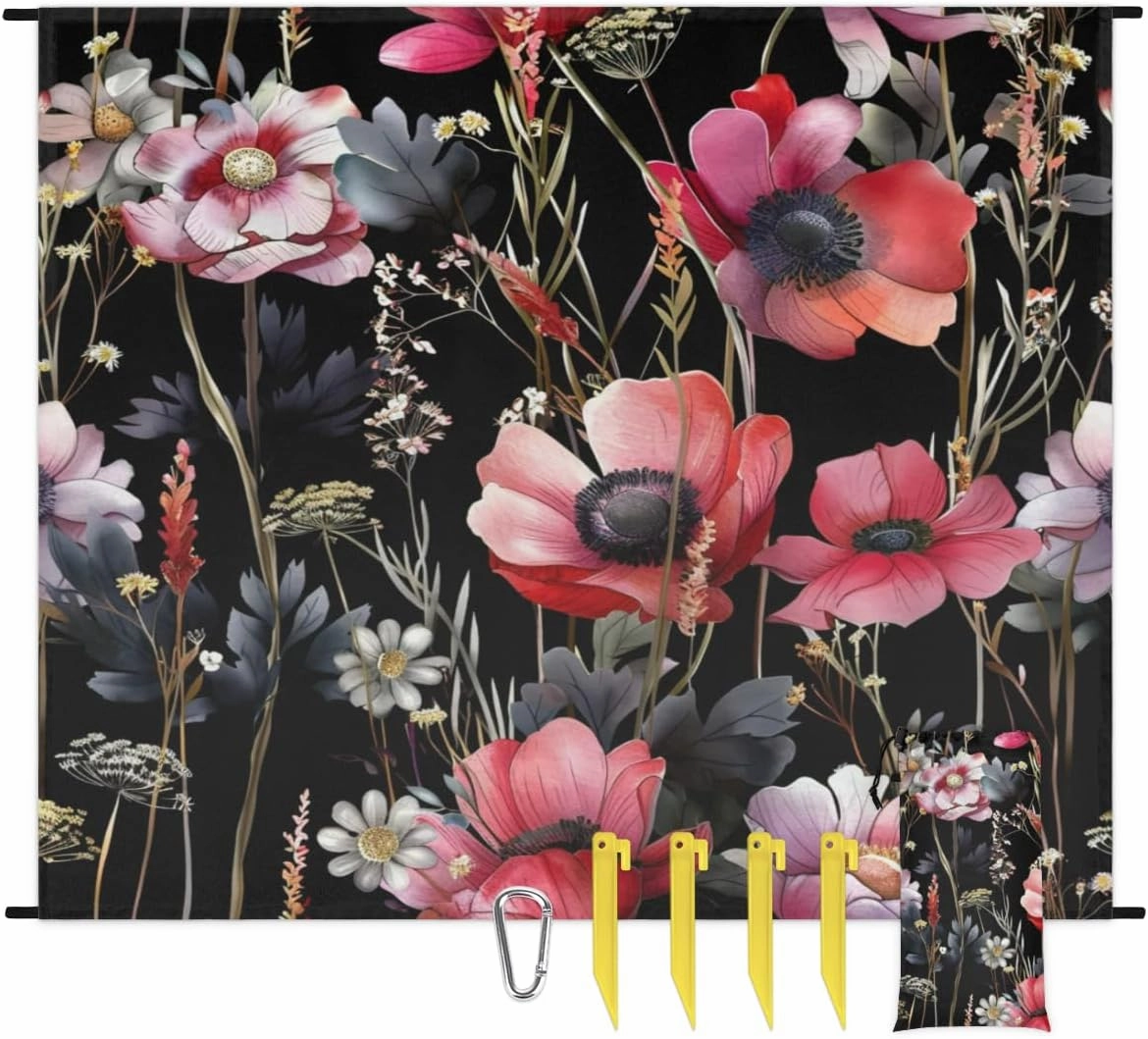 Black Floral Beach Blanket, Sandproof Beach Mat, Adults Waterproof Quick Drying Sand Free Mat with 4 x Ground Spikes for Outdoor Travel Camping Hiking, Flower