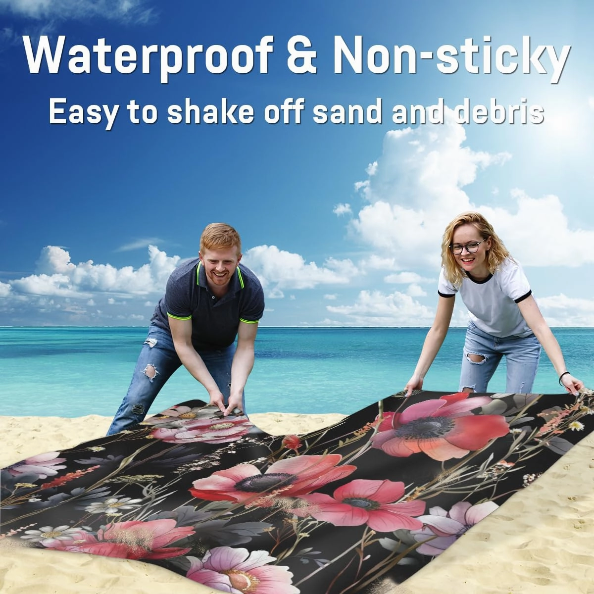 Black Floral Beach Blanket, Sandproof Beach Mat, Adults Waterproof Quick Drying Sand Free Mat with 4 x Ground Spikes for Outdoor Travel Camping Hiking, Flower