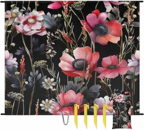 Black Floral Beach Blanket, Sandproof Beach Mat, Adults Waterproof Quick Drying Sand Free Mat with 4 x Ground Spikes for Outdoor Travel Camping Hiking, Flower