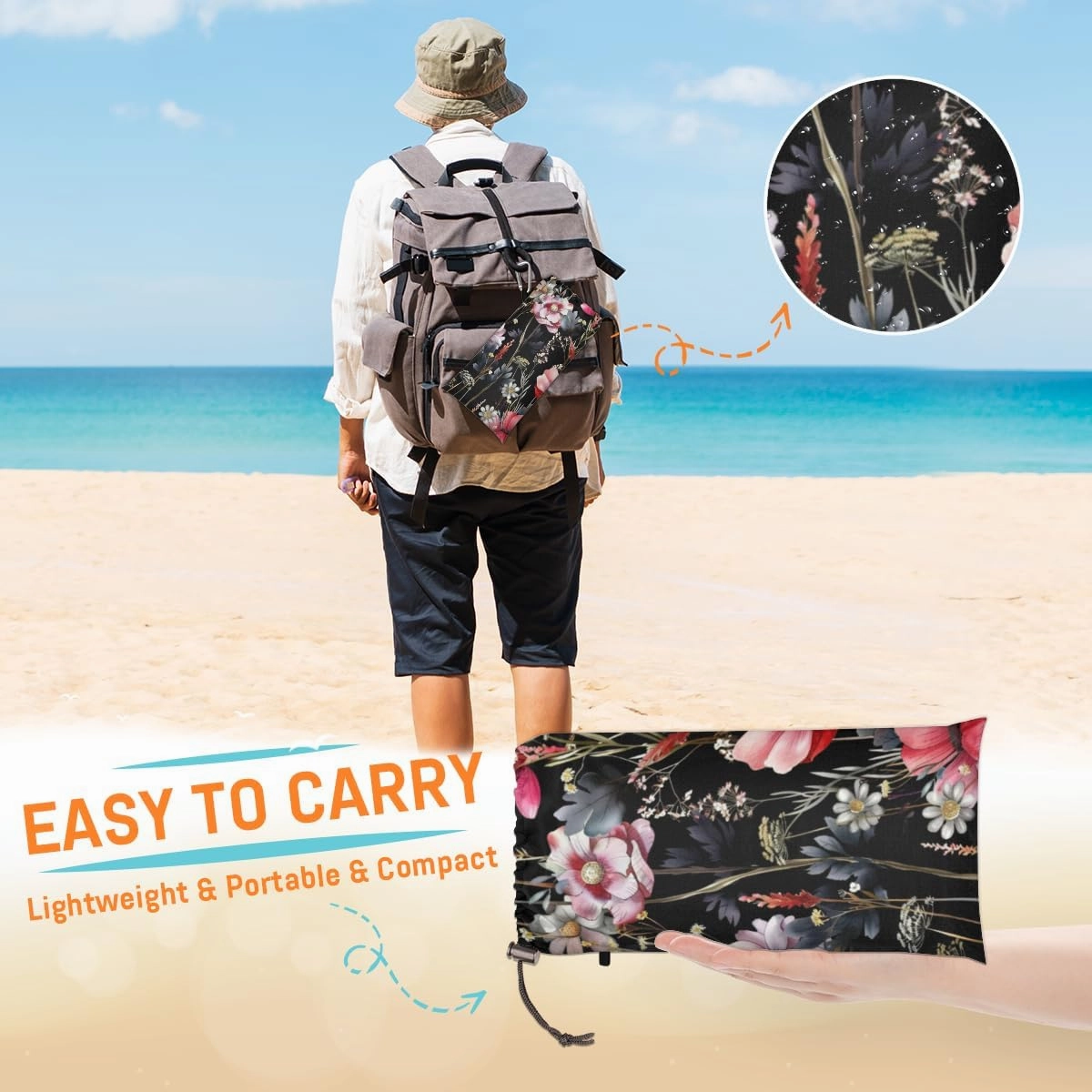 Black Floral Beach Blanket, Sandproof Beach Mat, Adults Waterproof Quick Drying Sand Free Mat with 4 x Ground Spikes for Outdoor Travel Camping Hiking, Flower