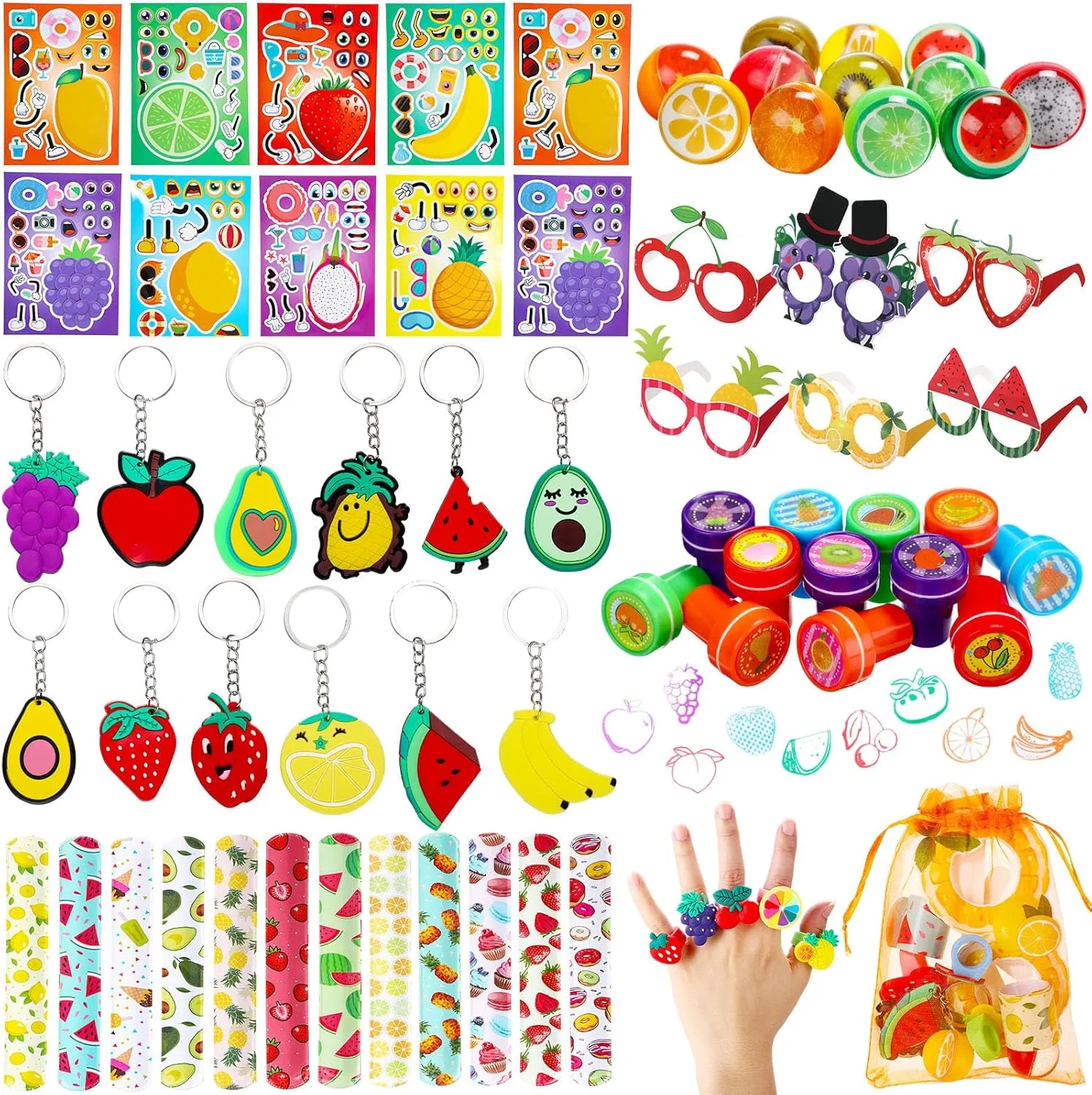 Blosssound 96 Pcs Fruit Party Favors Summer Theme Birthday Gifts Set Make a Fruit Sticker Stress Ball Slap Bracelet Glass Ring Keychain Stamper Gift Bag Piñata Fillers Classroom Prizes