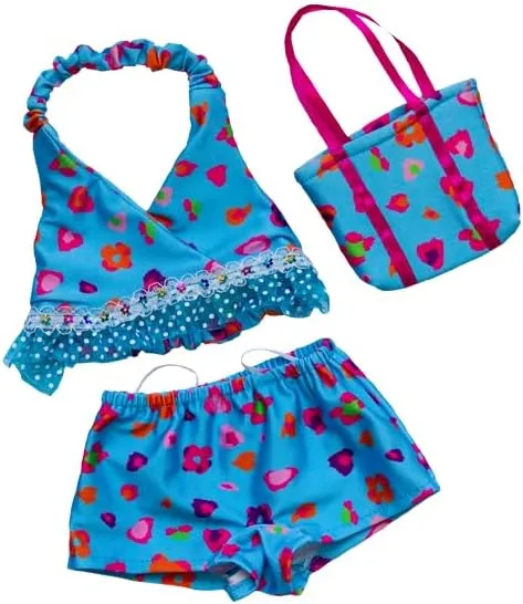 Blue Floral Tankini with Matching Bag for 14"-18" Stuffed Animals – Summer Swimsuit Outfit for Teddy Bears & Soft Toys – Stylish Beachwear for Plushies