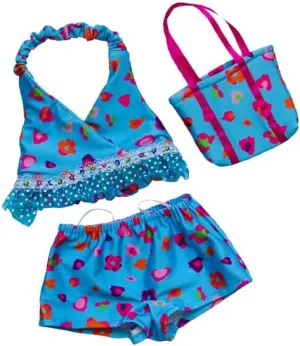 Blue Floral Tankini with Matching Bag for 14"-18" Stuffed Animals – Summer Swimsuit Outfit for Teddy Bears & Soft Toys – Stylish Beachwear for Plushies