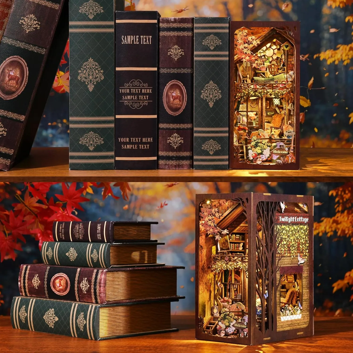 Book Nook Kit, Booknook Kits for Adults and Teens, DIY 3D Wooden Puzzle Bookend Miniature Dollhouse Kit Bookshelf Decor Alley Build Model with LED Light