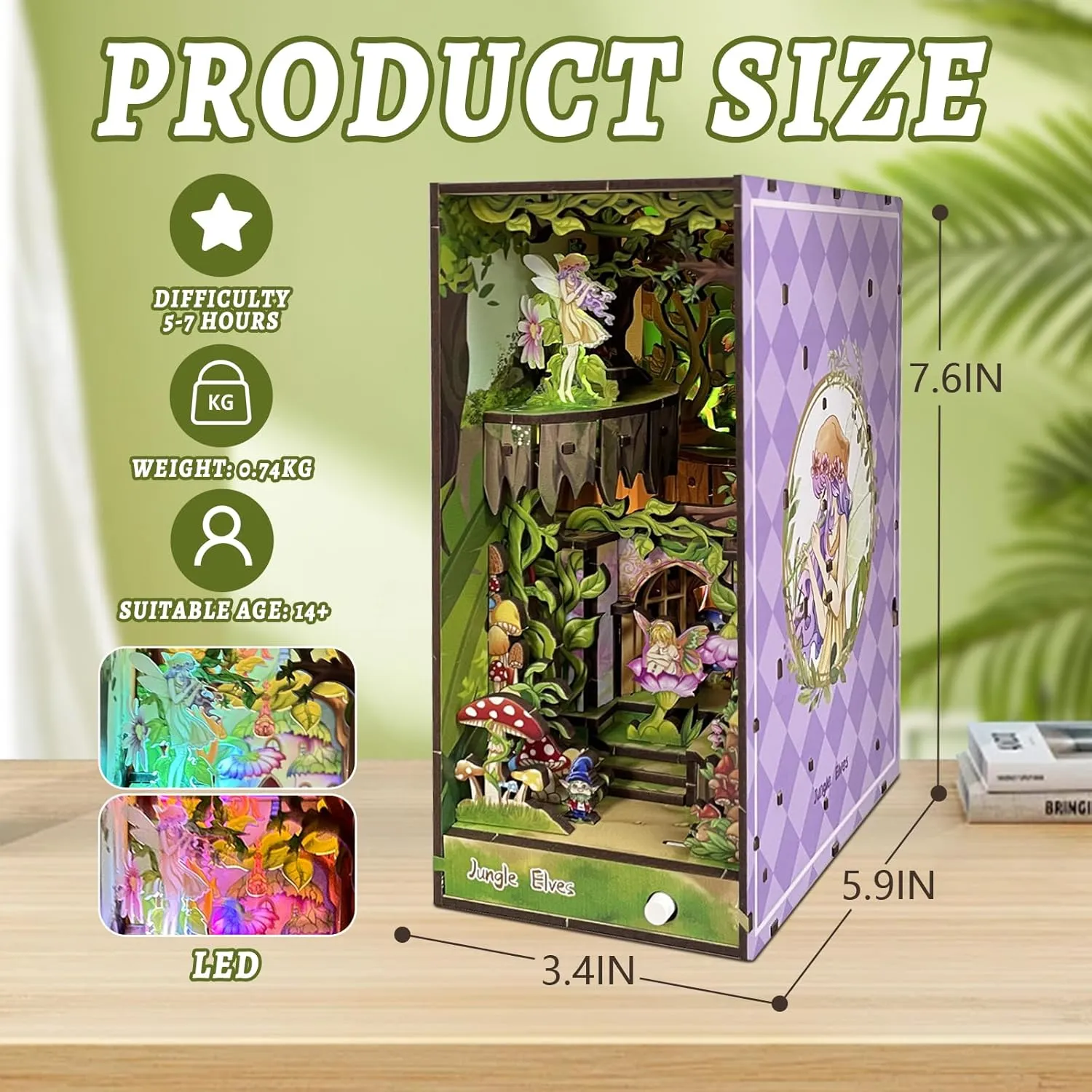 Book Nook Kit, DIY Dollhouse Booknook Bookshelf Insert 3D Wooden Puzzle Bookend for Book/Room Decor, Miniature Model House with LED Light Book Nook Kits for Adults (Elfin Jungle)