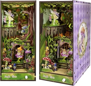 Book Nook Kit, DIY Dollhouse Booknook Bookshelf Insert 3D Wooden Puzzle Bookend for Book/Room Decor, Miniature Model House with LED Light Book Nook Kits for Adults (Elfin Jungle)