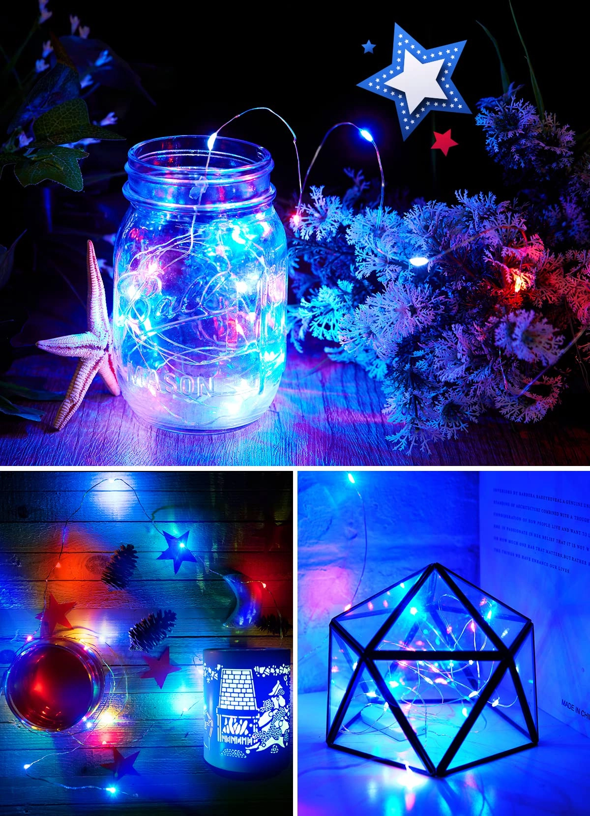 Brightown 4th of July Decor Patriotic Fairy Lights, 7 FT. Silver Wire Red White Blue String Lights, Firefly Starry Moon Lights, Micro LED Mini Fairy Lights for Jars DIY Picture Wedding