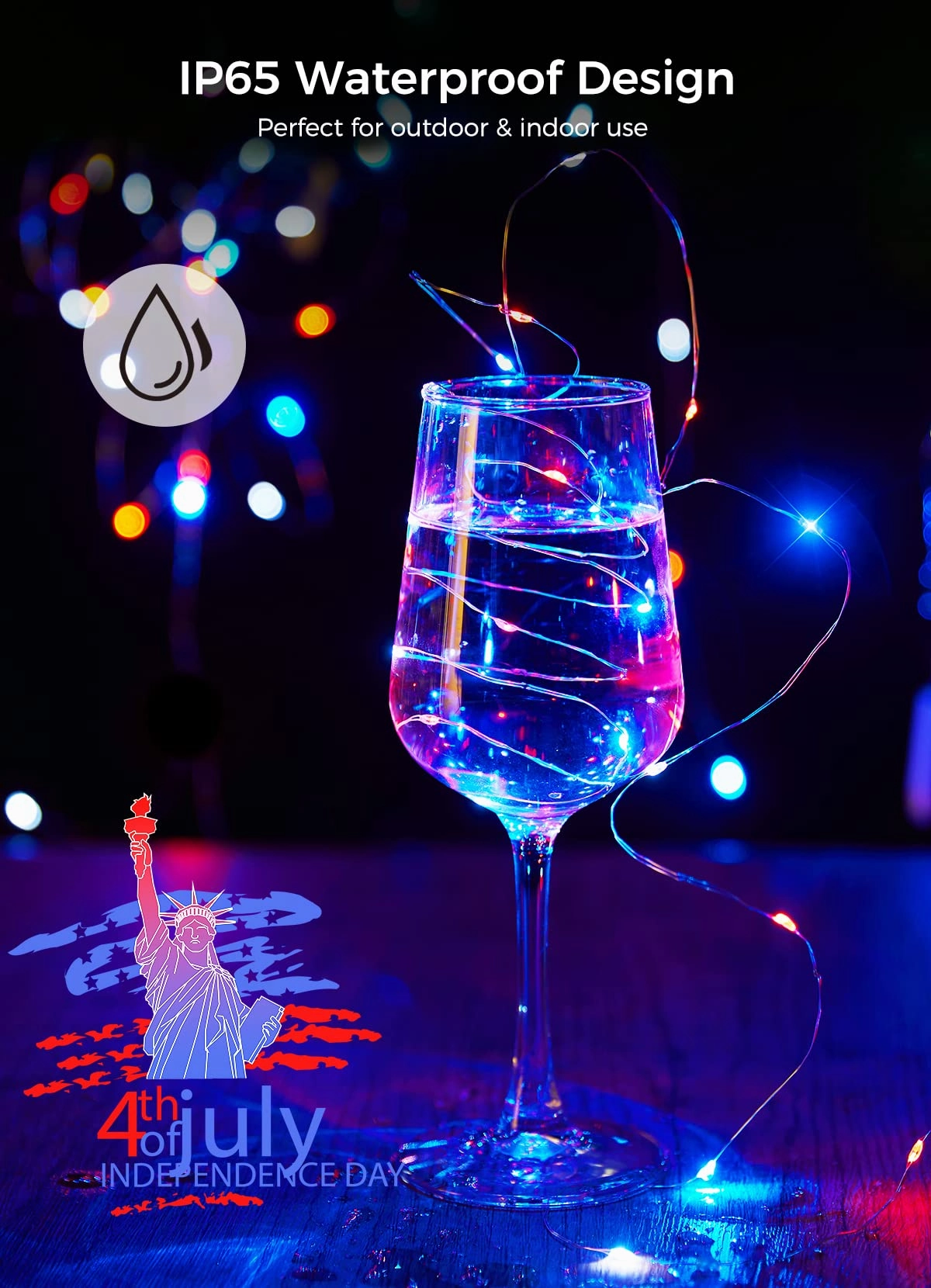 Brightown 4th of July Decor Patriotic Fairy Lights, 7 FT. Silver Wire Red White Blue String Lights, Firefly Starry Moon Lights, Micro LED Mini Fairy Lights for Jars DIY Picture Wedding