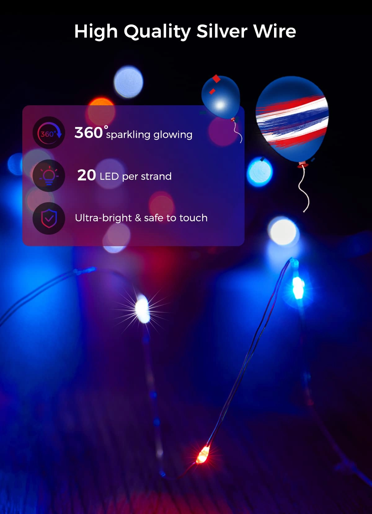 Brightown 4th of July Decor Patriotic Fairy Lights, 7 FT. Silver Wire Red White Blue String Lights, Firefly Starry Moon Lights, Micro LED Mini Fairy Lights for Jars DIY Picture Wedding