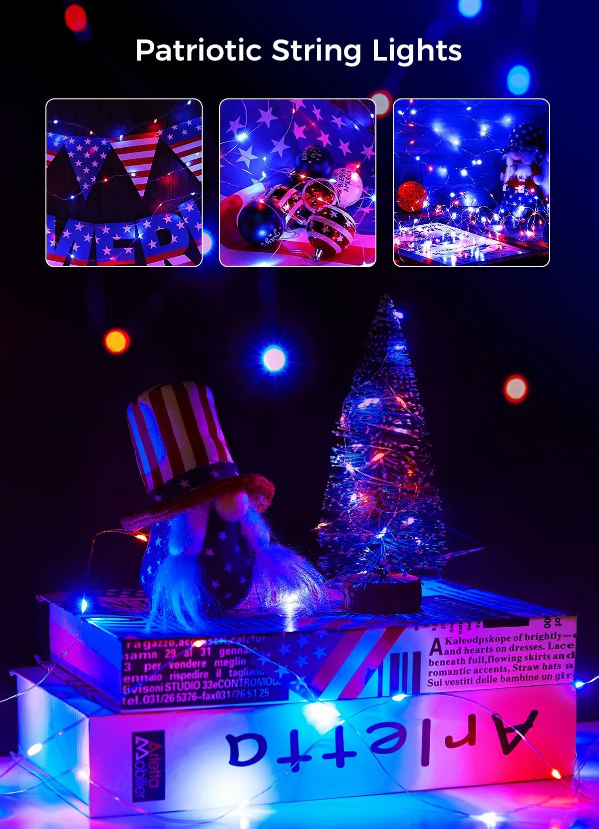 Brightown 4th of July Decor Patriotic Fairy Lights, 7 FT. Silver Wire Red White Blue String Lights, Firefly Starry Moon Lights, Micro LED Mini Fairy Lights for Jars DIY Picture Wedding