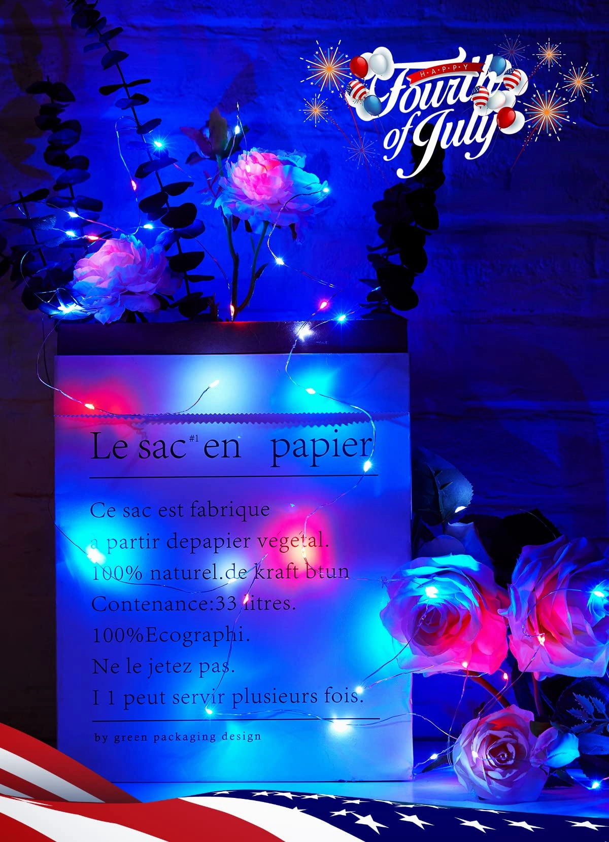 Brightown 4th of July Decor Patriotic Fairy Lights, 7 FT. Silver Wire Red White Blue String Lights, Firefly Starry Moon Lights, Micro LED Mini Fairy Lights for Jars DIY Picture Wedding