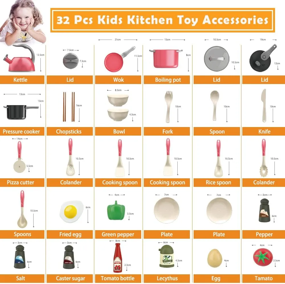 Bruvoalon 32Pcs Kids Play Kitchen Toys Set, Toddlers Pretend Cooking Playset Acccessories with Pots Pans, Utensils Cookware, Foods, Canned Veges, Learning Gift for Kids Girls Boys (Red)