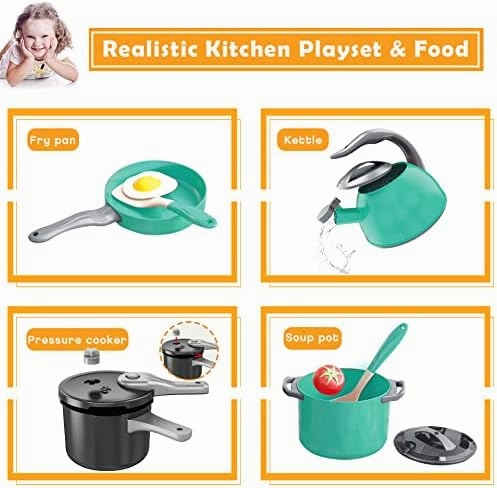 Bruvoalon 32Pcs Kids Play Kitchen Toys Set, Toddlers Pretend Cooking Playset Acccessories with Pots Pans, Utensils Cookware, Foods, Canned Veges, Learning Gift for Kids Girls Boys (Green)