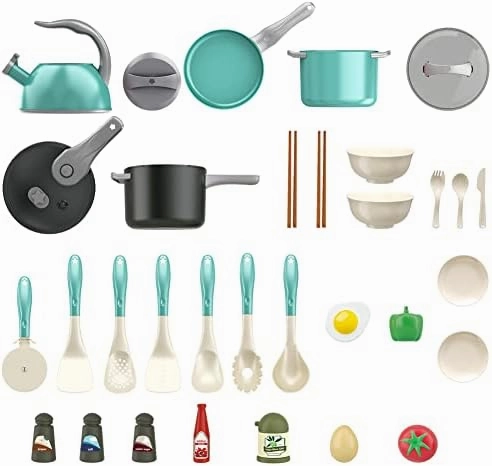 Bruvoalon 32Pcs Kids Play Kitchen Toys Set, Toddlers Pretend Cooking Playset Acccessories with Pots Pans, Utensils Cookware, Foods, Canned Veges, Learning Gift for Kids Girls Boys (Green)