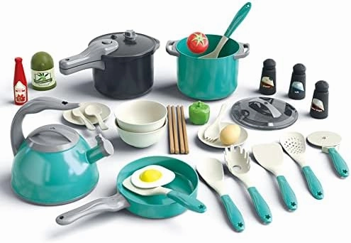 Bruvoalon 32Pcs Kids Play Kitchen Toys Set, Toddlers Pretend Cooking Playset Acccessories with Pots Pans, Utensils Cookware, Foods, Canned Veges, Learning Gift for Kids Girls Boys (Green)