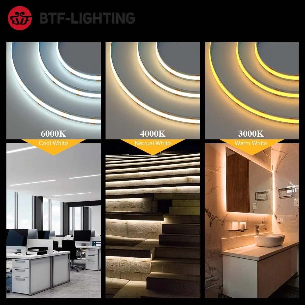 BTF-LIGHTING FCOB 24V Kit Flexible High Density LED Lights 2X16.4FT 8mm Width 6000K 16.4Ft RF14 keys dimmable Controller FOB CRI90 LED Strips For Bedroom Kitchen Home Indoor Cool White With AC Adapter