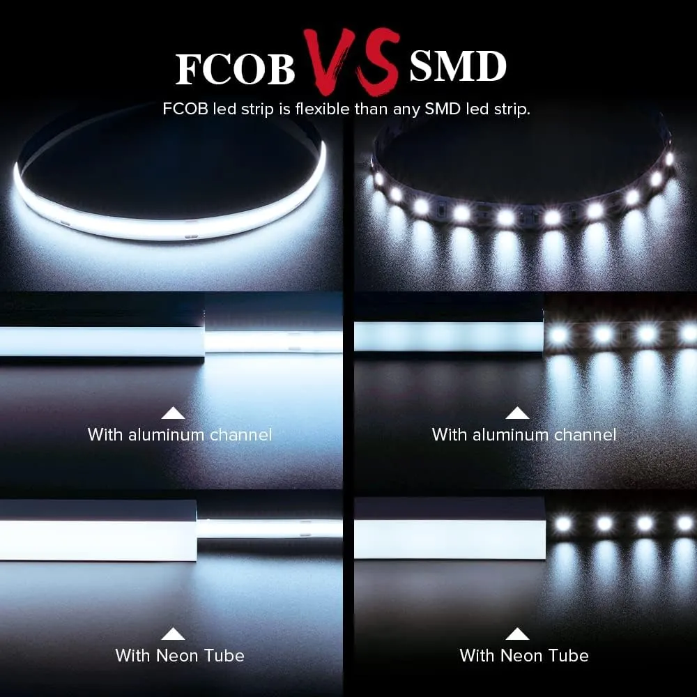 BTF-LIGHTING FCOB 24V Kit Flexible High Density LED Lights 2X16.4FT 8mm Width 6000K 16.4Ft RF14 keys dimmable Controller FOB CRI90 LED Strips For Bedroom Kitchen Home Indoor Cool White With AC Adapter