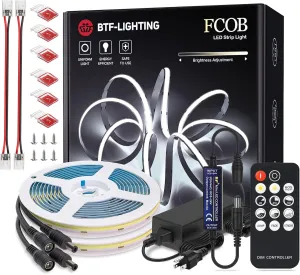 BTF-LIGHTING FCOB 24V Kit Flexible High Density LED Lights 2X16.4FT 8mm Width 6000K 16.4Ft RF14 keys dimmable Controller FOB CRI90 LED Strips For Bedroom Kitchen Home Indoor Cool White With AC Adapter