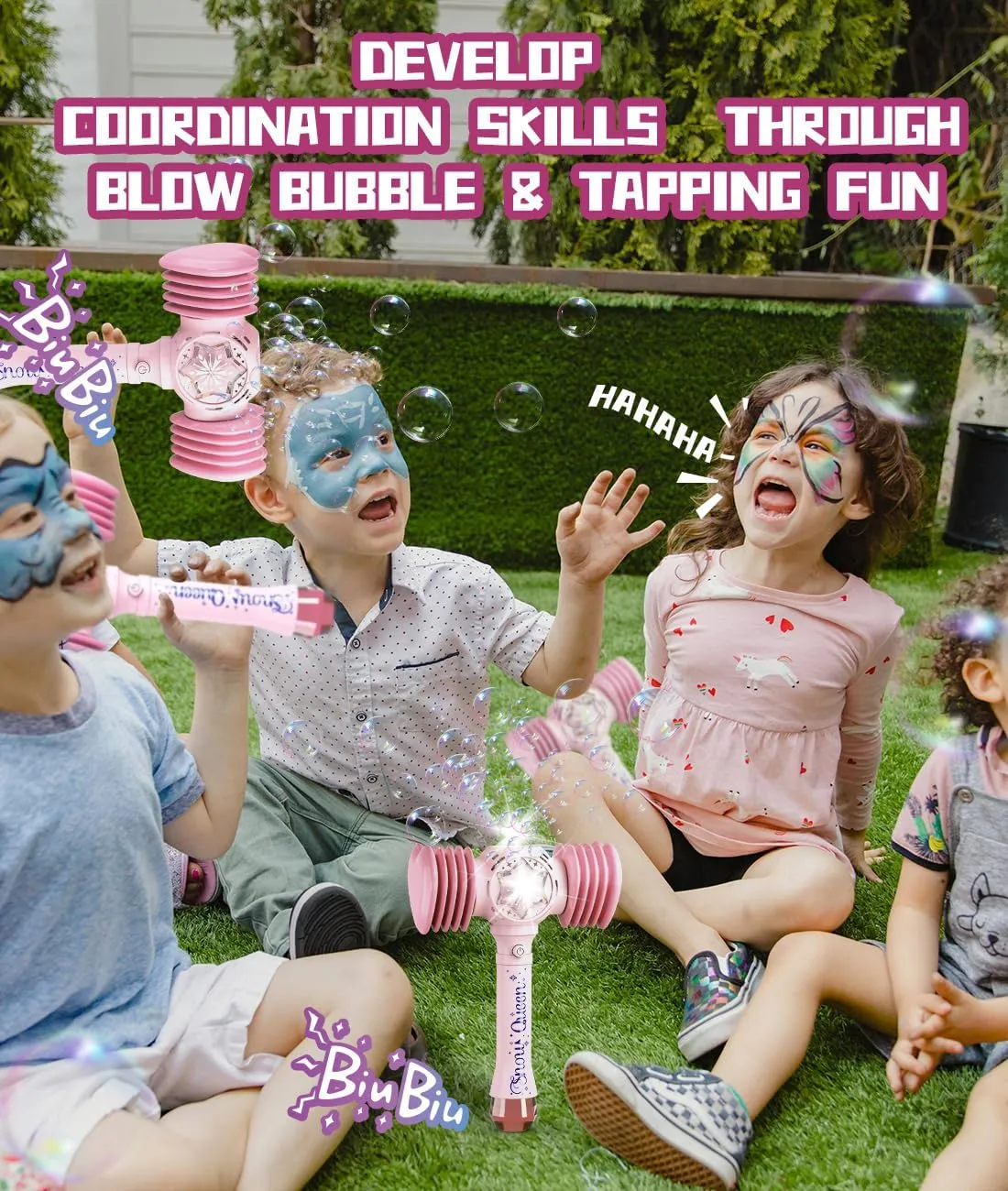 Bubble Wand with Squeaky Hammer - LED Bubble Machine for Girls with Batteries & Solutions - Outdoor Toys Gifts for Toddlers & Kids Ages 3  Birthday Party Easter