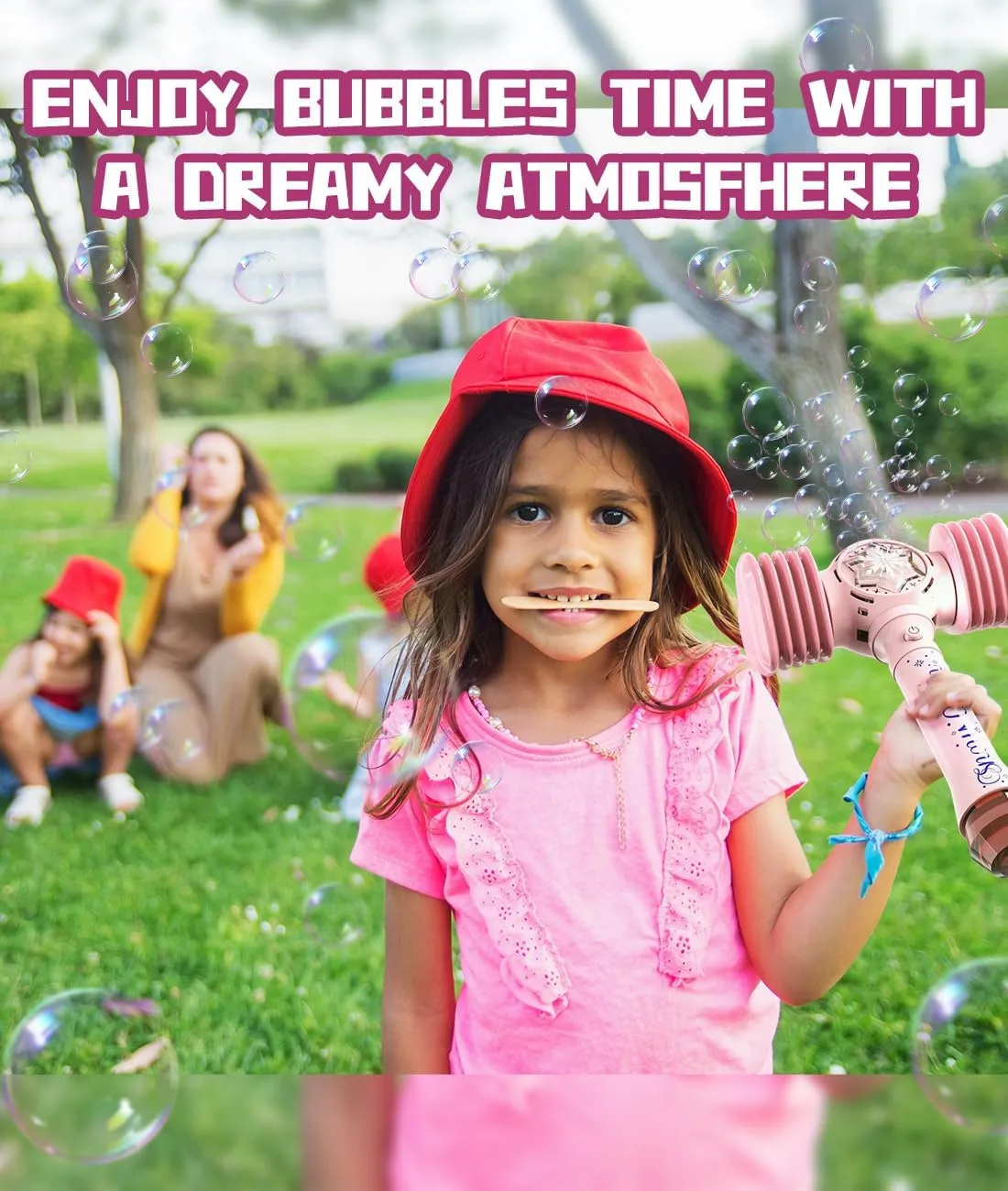 Bubble Wand with Squeaky Hammer - LED Bubble Machine for Girls with Batteries & Solutions - Outdoor Toys Gifts for Toddlers & Kids Ages 3  Birthday Party Easter