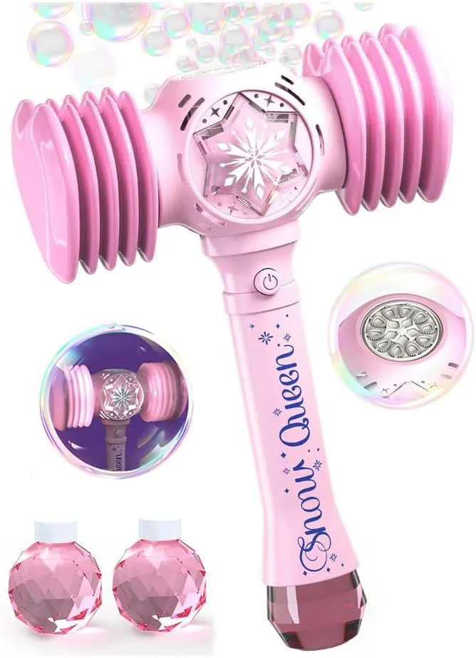 Bubble Wand with Squeaky Hammer - LED Bubble Machine for Girls with Batteries & Solutions - Outdoor Toys Gifts for Toddlers & Kids Ages 3  Birthday Party Easter