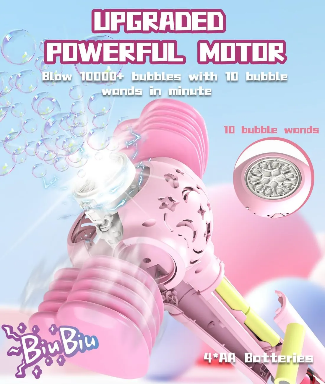 Bubble Wand with Squeaky Hammer - LED Bubble Machine for Girls with Batteries & Solutions - Outdoor Toys Gifts for Toddlers & Kids Ages 3  Birthday Party Easter