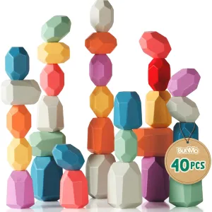 BUNMO 40pcs Wooden Stacking Blocks - Montessori Toys 3 Years Old - Educational Building Blocks for Fine Motor Skills - Fun Stacking Toys for 3  Years Old Boys and Girls - Round Edges (Non Mouthable)