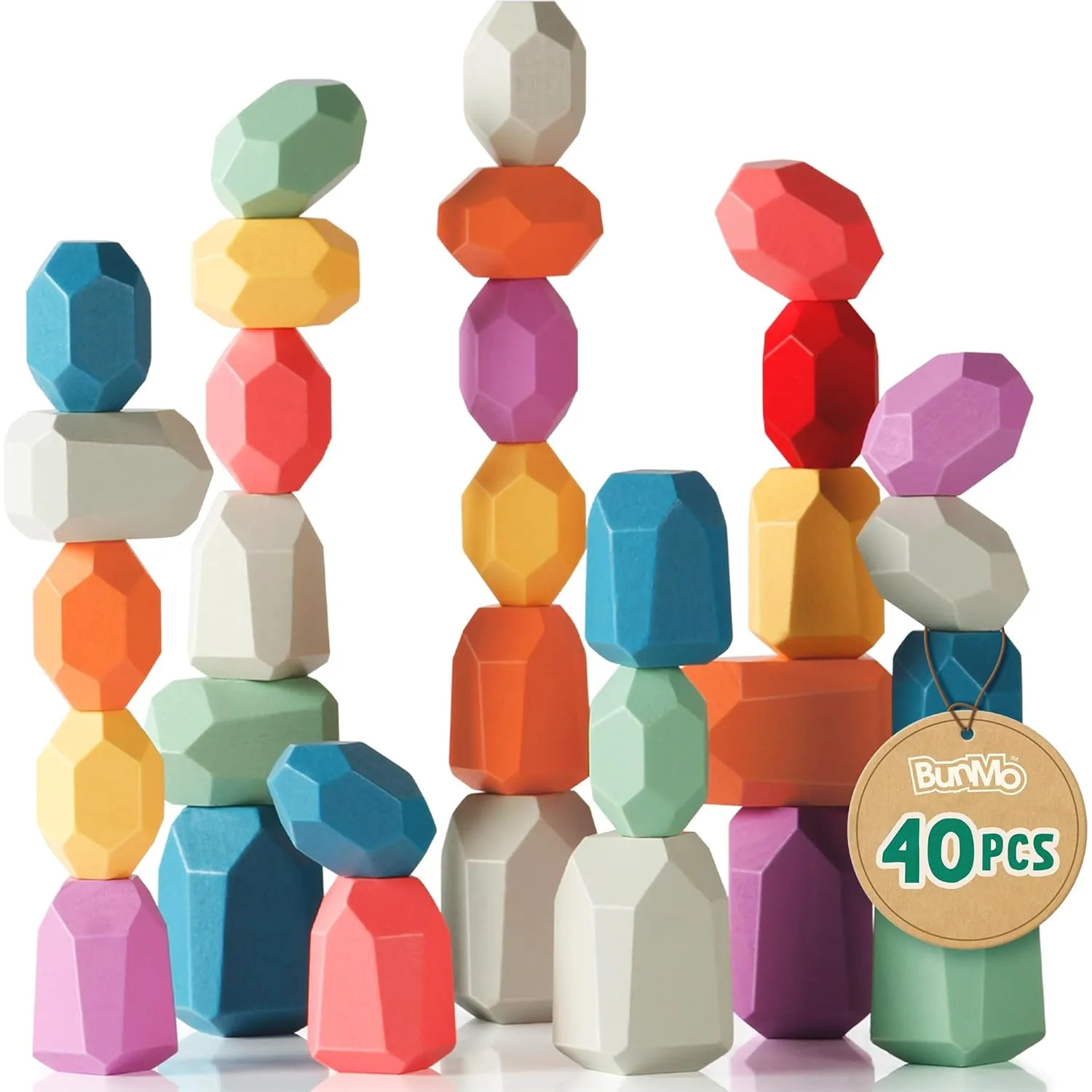 BUNMO 40pcs Wooden Stacking Blocks - Montessori Toys 3 Years Old - Educational Building Blocks for Fine Motor Skills - Fun Stacking Toys for 3  Years Old Boys and Girls - Round Edges (Non Mouthable)