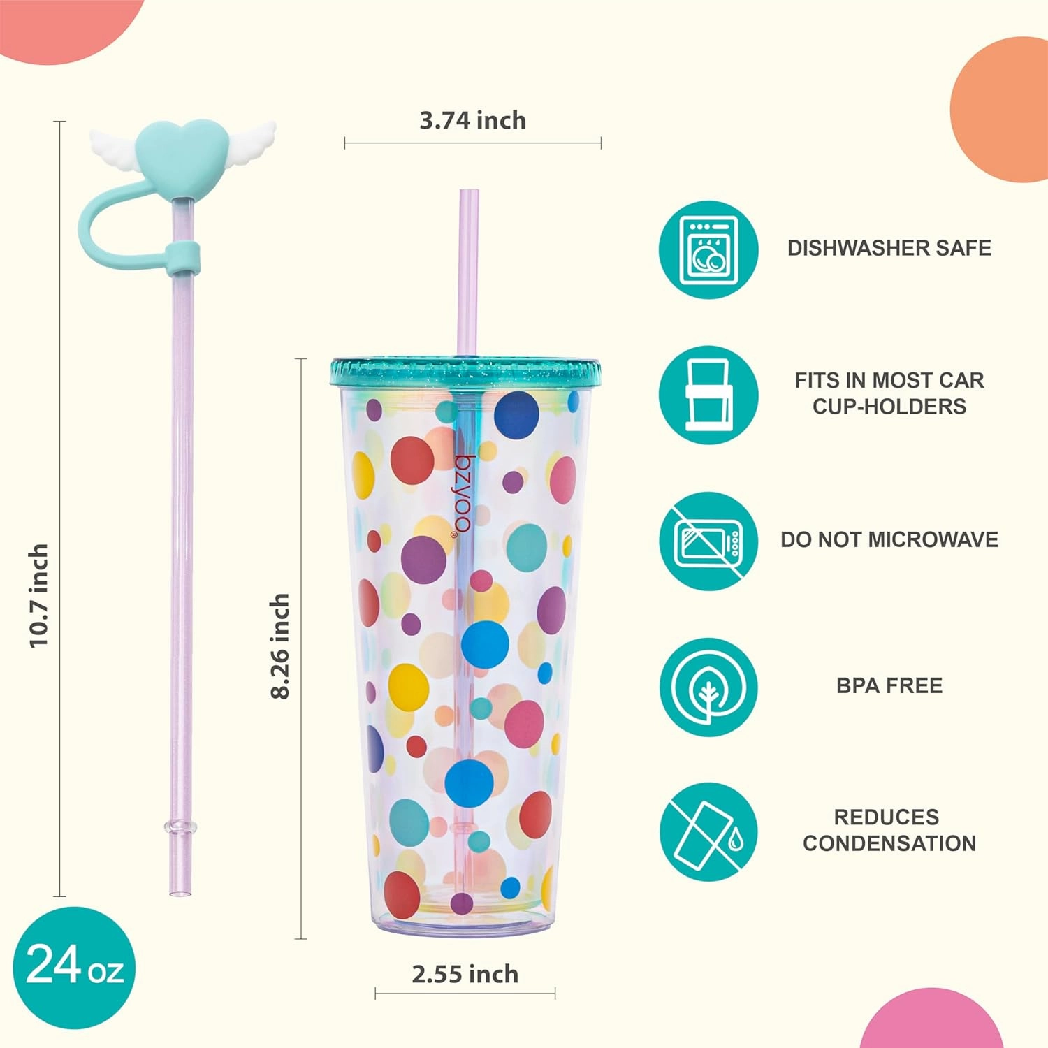 bzyoo 24 oz SIP Tumbler with Heart-Shaped w/Wing Straw Cap Cover– Cute DotDot Design Iridescent Tumbler, BPA-Free Cup with Lid and Straw, Perfect for Iced Coffee, Tea, Party and Gift
