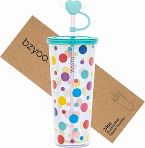 bzyoo 24 oz SIP Tumbler with Heart-Shaped w/Wing Straw Cap Cover– Cute DotDot Design Iridescent Tumbler, BPA-Free Cup with Lid and Straw, Perfect for Iced Coffee, Tea, Party and Gift