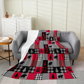 Camping and Hunting Themed All Season,Bed Blanket Bear Paw Print Plush Throw Blanket, for Kids Vintage Style Fleece Flannel Fuzzy Blanket Ultra Soft Decor Geometry Red 40"x50"