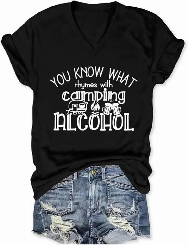 Camping V Neck Shirts for Women You Know What Rhymes with Camp Funny Graphic T-Shirt Hiking Mountain Adventure Tops