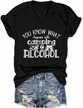 Camping V Neck Shirts for Women You Know What Rhymes with Camp Funny Graphic T-Shirt Hiking Mountain Adventure Tops