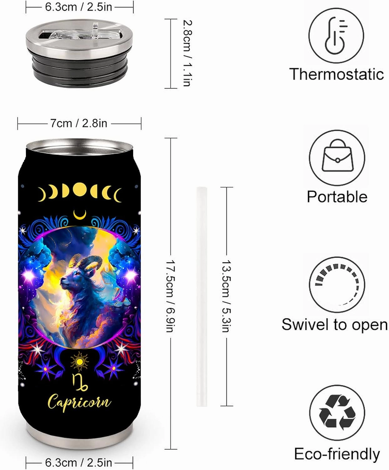 Capricorn Constellation Tumbler - Zodiac Stainless Steel Cup for Men Women - Astrology Fans Birthday Gift With Straw Lid - 17 Oz Coffee Mug Car Cup