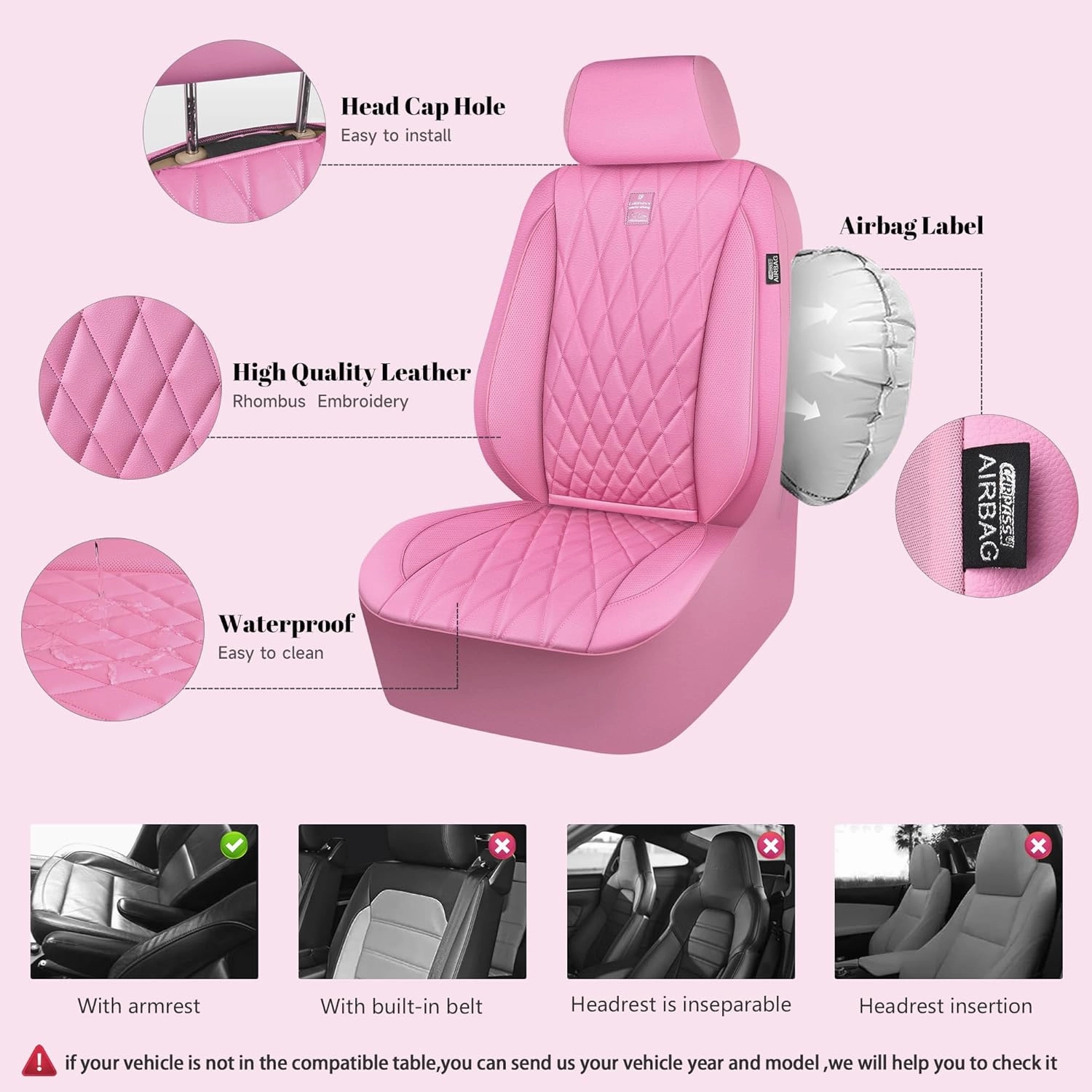 CAR PASS Piping Luxury Leather Two Front Car Seat Covers, Cute Girly Waterproof Anti Slip Seat Covers Compatible with Front Seat Armrests,Universal Fit for Suvs,Vans,Trucks,Airbag Compatible(All Pink)