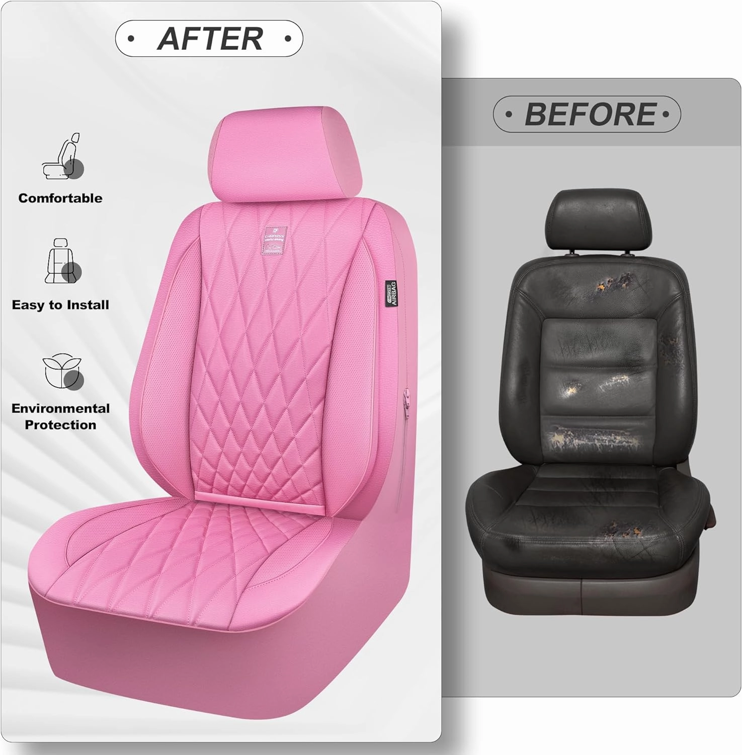 CAR PASS Piping Luxury Leather Two Front Car Seat Covers, Cute Girly Waterproof Anti Slip Seat Covers Compatible with Front Seat Armrests,Universal Fit for Suvs,Vans,Trucks,Airbag Compatible(All Pink)
