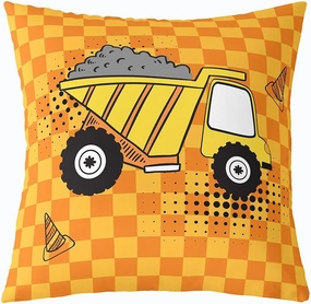 Cartoon Truck Kids Throw Pillow Cover Cute Equipment Truck Vehicle Decor Cushion Cover for Boys Girls Teens Orange Yellow Grid Hippie Graffiti Cushion Case for Bedroom Sofa 24x24 Inch