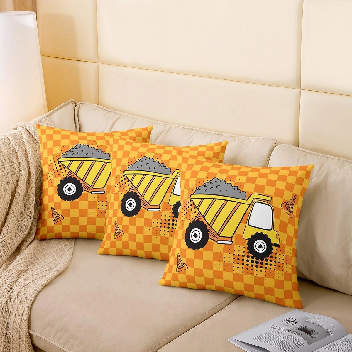 Cartoon Truck Kids Throw Pillow Cover Cute Equipment Truck Vehicle Decor Cushion Cover for Boys Girls Teens Orange Yellow Grid Hippie Graffiti Cushion Case for Bedroom Sofa 24x24 Inch