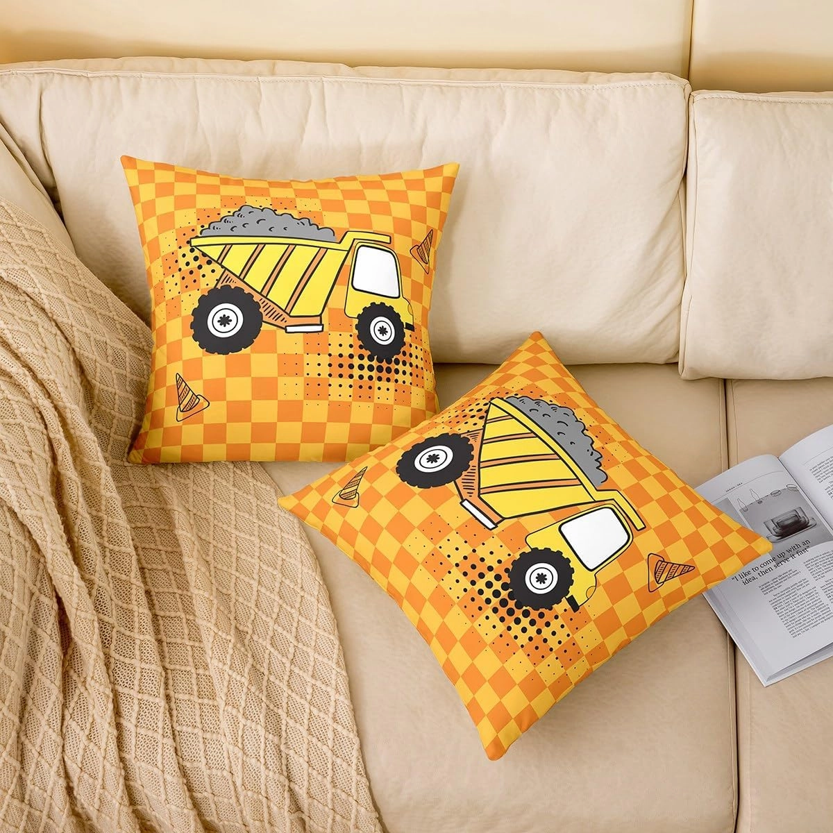 Cartoon Truck Kids Throw Pillow Cover Cute Equipment Truck Vehicle Decor Cushion Cover for Boys Girls Teens Orange Yellow Grid Hippie Graffiti Cushion Case for Bedroom Sofa 24x24 Inch