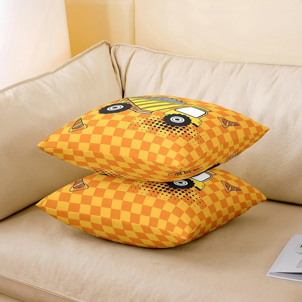 Cartoon Truck Kids Throw Pillow Cover Cute Equipment Truck Vehicle Decor Cushion Cover for Boys Girls Teens Orange Yellow Grid Hippie Graffiti Cushion Case for Bedroom Sofa 24x24 Inch