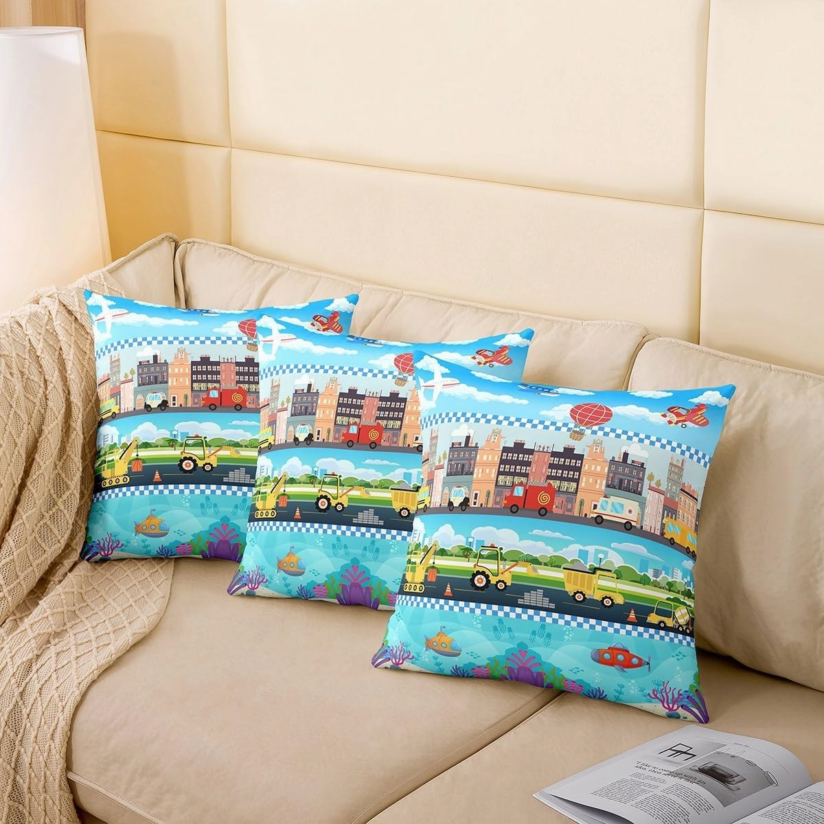 Cartoon Trucks Pillow Cover 24x24 Inch Cute Yellow Excavator Red Fire Engine Cushion Cover for Kids Boys Girls Teens Aircrafts City Undersea View Decor Pillow Case for Bedroom