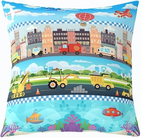 Cartoon Trucks Pillow Cover 24x24 Inch Cute Yellow Excavator Red Fire Engine Cushion Cover for Kids Boys Girls Teens Aircrafts City Undersea View Decor Pillow Case for Bedroom