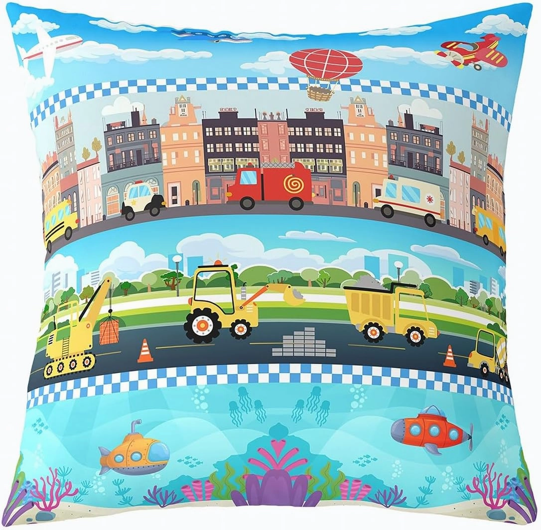 Cartoon Trucks Pillow Cover 24x24 Inch Cute Yellow Excavator Red Fire Engine Cushion Cover for Kids Boys Girls Teens Aircrafts City Undersea View Decor Pillow Case for Bedroom