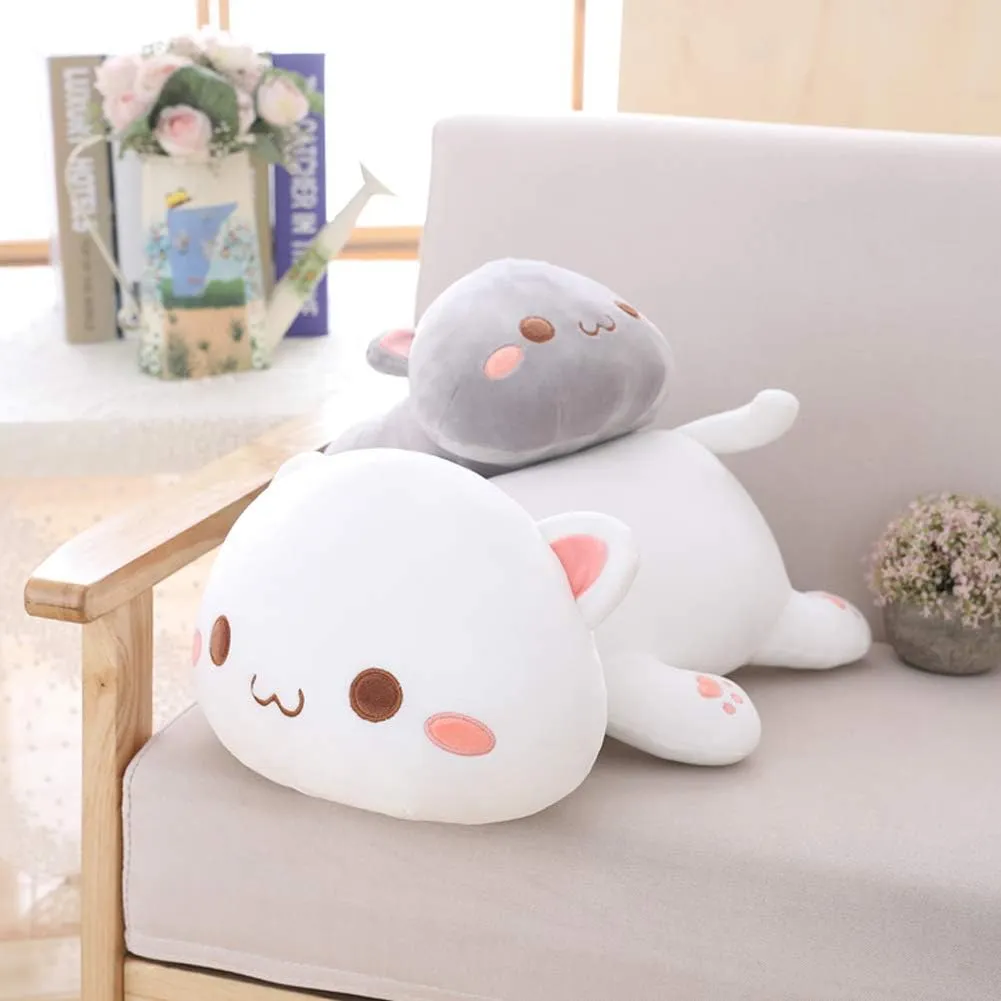 Cat Plush Hugging Pillow, Soft Cat Stuffed Animals Kawaii Kitten Plush Toy Gifts for Kids (White Round Eyes, 25.5")